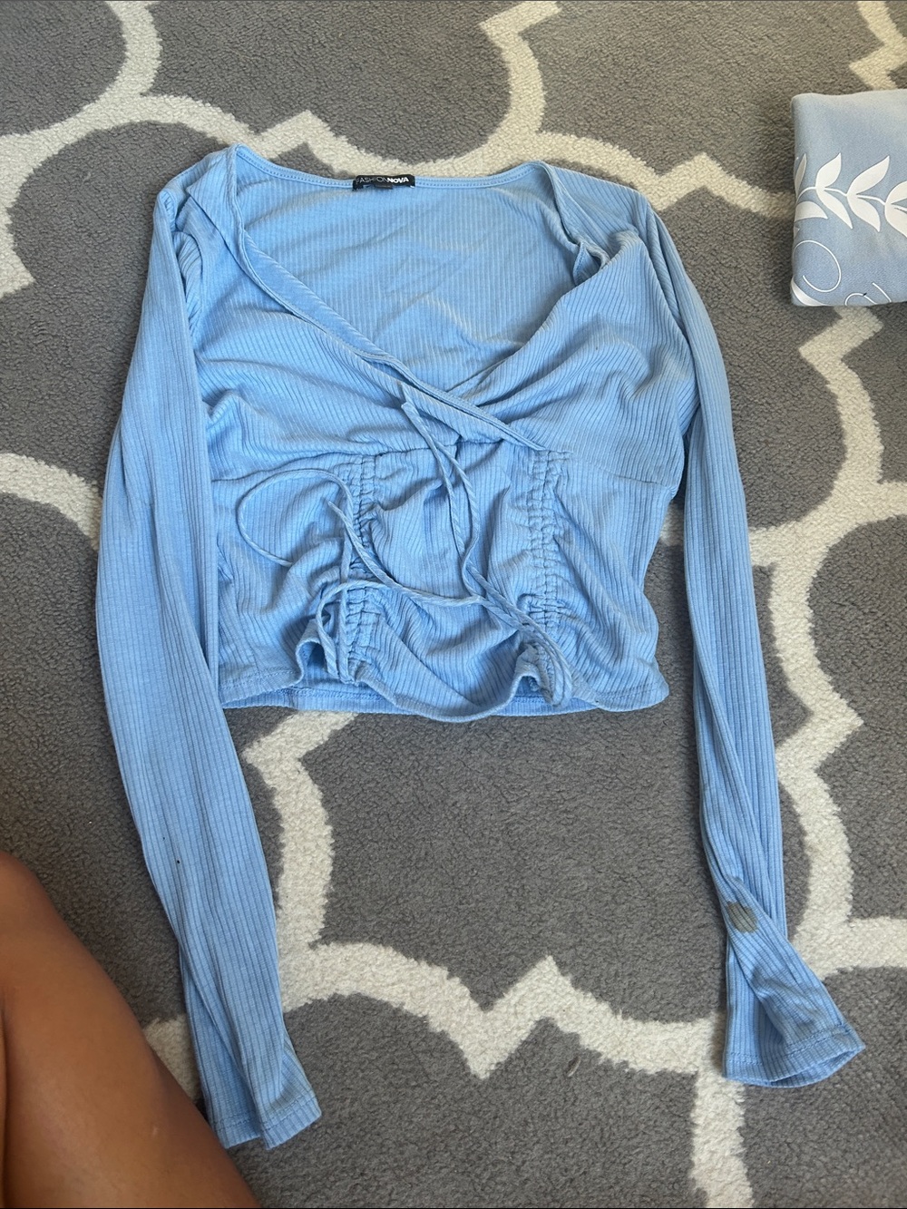 Fashion Nova Light Blue Ribbed Wrap Ruched Long Sleeve Crop Top